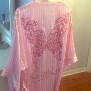 Victoria’s Secret satin pink + white stripe robe